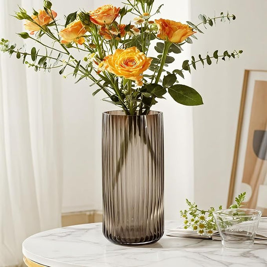 Thick Amber Glass Vase for Flowers, 10 Inch Tall Ribbed Flower Vase for Bouquet, Countertop, Bathroom Vanity, Living Room Decorative Vases for Flowers, Kitchen Shelf, Dining Table, Entryway