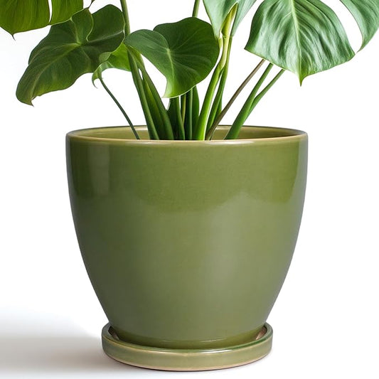 8 Inch Planter - Ceramic Plant Pot with Drainage Hole and Tray Round Planters Modern Flower Pot for Room Home Office Patio Porch Garden Decor Green