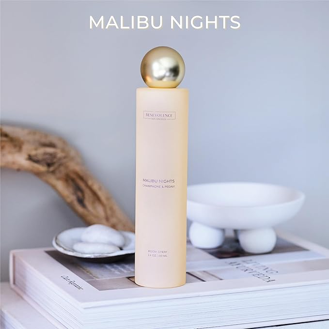 Champagne & Peony Room Spray | Benevolence LA Malibu Nights | 3.4oz | Home, Pillow & Linen Fragrance Spray | Low VOC, No Alcohol | Holiday & Christmas Gift for Her | Malibu Sands Collection
