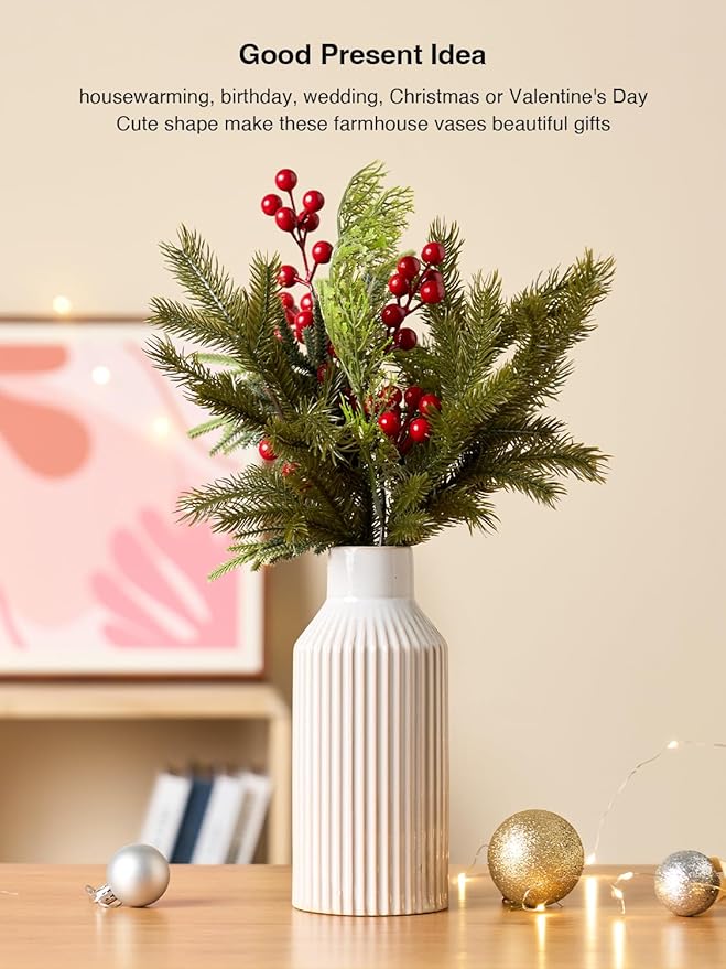 White Ceramic Flower Vase, Minimalist Home Decoration, 8 Inch Small Pampas Grass Vases for Kitchen, Bedroom, Office, Living Room, Bathroom, Shelf Centerpiece Table (White Beige)