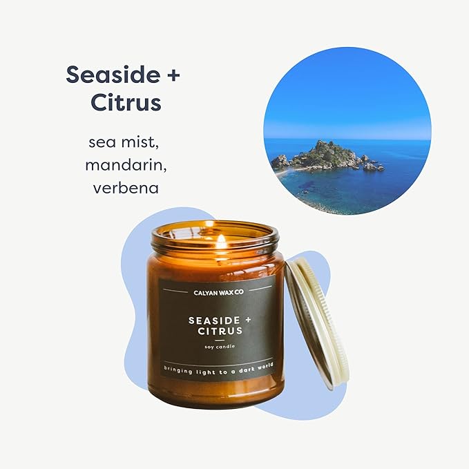Calyan Wax Co. Seaside & Citrus Scented Candle - 57 Hour Burn - Luxury Non Toxic Soy Wax Candles - Long Lasting Amber Glass Jar Candle for Home - 7.2oz