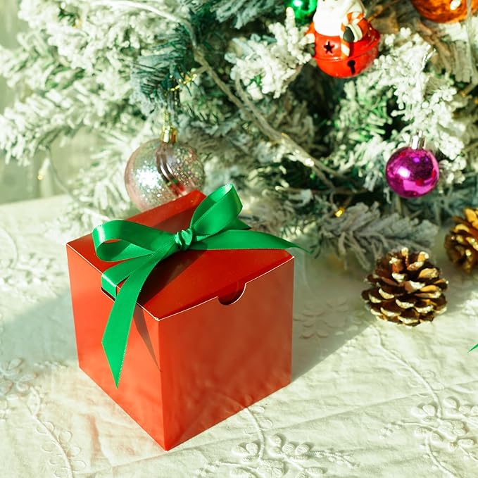 UnicoPak 50 Pack 4x4x4 Christmas Red Gift Boxes - Holiday Boxes With Lids for Presents, Ornaments, Candles, Mugs, Crafting - for Christmas Birthday, Party