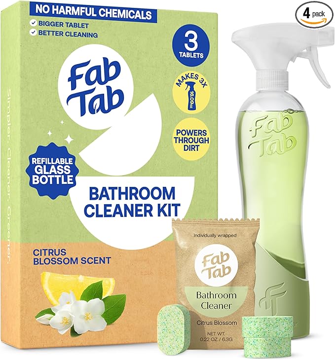 Fab Tab Bathroom Cleaner Starter Kit - Natural Cleaning Products - Household Cleaners - All-Purpose Cleaner Tablets - Plant-Based - Plastic-Free | Citrus Scent | No Harsh Chemicals