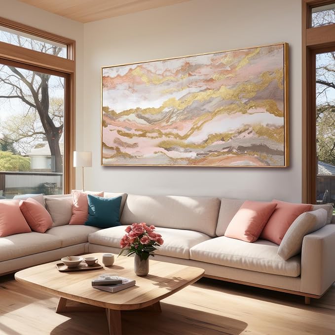 Abstract Pink Canvas Wall Art Framed Gold Abstract Line Artwork for Living Room Decor Canvas Art Bedroom Pictures Office Decoration for Wall 30x60in