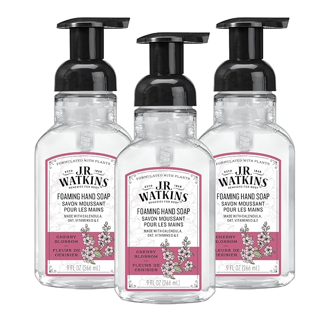 J.R. Watkins Foaming Hand Soap Pump with Dispenser, Moisturizing Foam, Alcohol-Free, Cruelty-Free, Use as Kitchen or Bathroom Soap, Cherry Blossom, 9 fl oz, 3 Pack