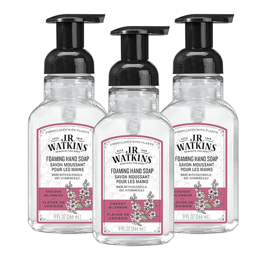 J.R. Watkins Foaming Hand Soap Pump with Dispenser, Moisturizing Foam, Alcohol-Free, Cruelty-Free, Use as Kitchen or Bathroom Soap, Cherry Blossom, 9 fl oz, 3 Pack
