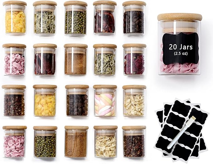 20 Pcs Glass Spice Jars with Airtight Bamboo Lids, Labels and Pen, 2.5oz Mini Clear Food Storage Containers for the Pantry, Kitchen Canisters for Tea, Herbs, Sugar, Salt, Coffee and More
