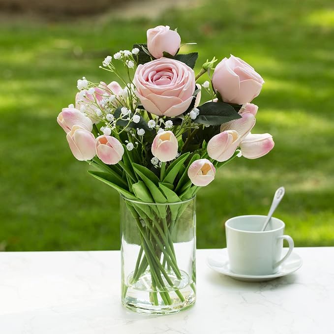 Enova Floral Clear Glass Cylinder Vase 5 x 8 Inches, Clear Flower Vases, Pillar Candle Hurricane Floating Candle Holder Vase, Glass Flower Vase for Wedding Centerpieces, Home Office décor (1 Piece)