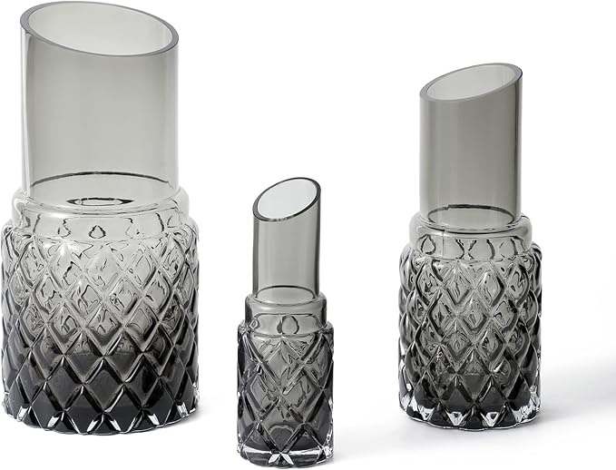 G Hand Blown Grey Glass Vases Set 3 Peiece for Large Medium Small for Modern Home Decor, Decorative Vase, Bedroom, Office, Living Room, Bathroom,Shelf Decor, Centerpiece Table Decorations