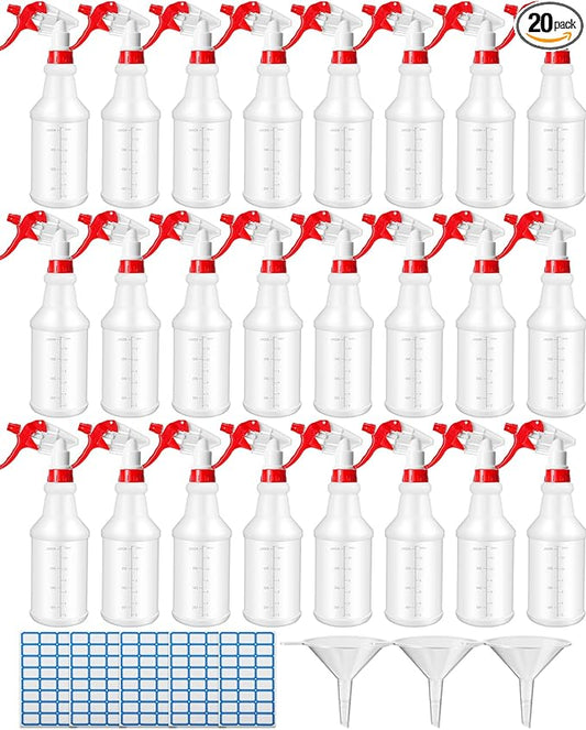 Eccliy 20 Pack 16oz Empty Spray Bottles, Leakproof Cleaning Bottles with Measurement and Adjustable Nozzle for Housekeeping, Commercial Use(Cylinder,Red White Spray Head)