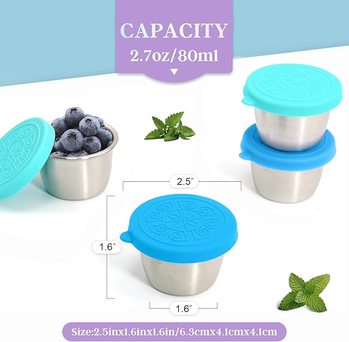 6x2.7 Oz Salad Dressing Container to Go,Handy Leakproof Stainless Steel Meal Prep Containers Reusable,Sauce Containers for Lunch Box, Picnics, Travel, Office and Kitchen Storage