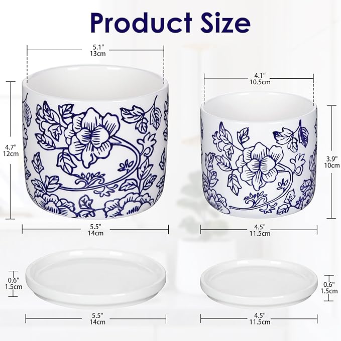 Set of 2 Blue and White Ceramic Plant Pots with Drainage Hole and Saucers, Retro Blue Porcelain Flowers Round Planters for Succulent Cactus Indoor Outdoor Garden Home Desktop Decor, 4.5+5.5 Inch