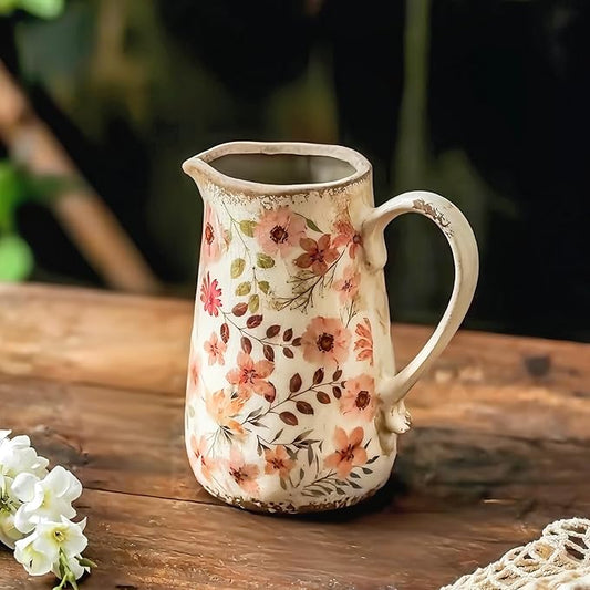 Vintage Colorful Daisy Flora Ceramic Vase with Handle, Retro Ice Glazed Crack Farmhouse Pitcher Vase for Home Decor, Living Room, Shelf, Office, Rustic Table Centerpiece 7 Inch