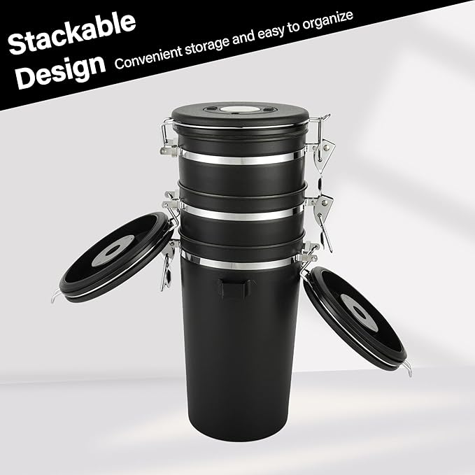 Coffee Canister Set of 3, Airtight Coffee Container with Date Tracker Lid, Stainless Steel Canister for Kitchen Food Storage (Black, 180oz)