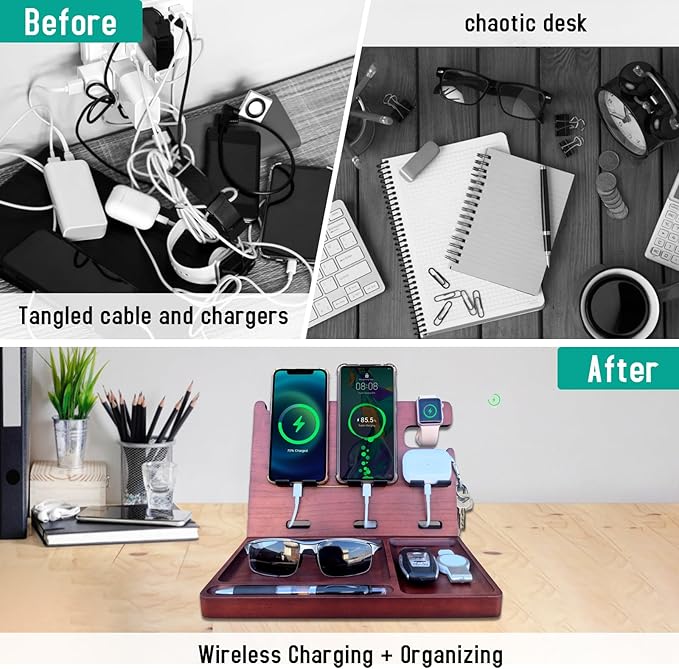 USB Charging Station for Multiple Devices Wood Phone Docking Station with QC3.0 & PD 22.5W Type c Charger Fast Charging for iPhone Samsung Google Andriod Smart Watch Earbuds Gifts for Men