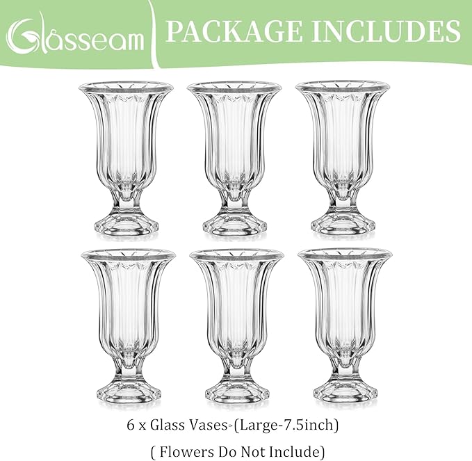 Glasseam Crystal Vases for Flowers, 7.5in Tall Vase Set of 6, Clear Glass Compote Vases and Ribbed Pedestal Bowls for Living Room Decorations Dining Table Home Decor