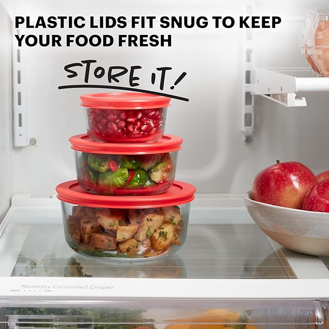 Pyrex Simply Store 3-Pack (1, 2 & 4 Cup) Small Round Glass Food Storage Containers Set, Snug Fit Non-Toxic Plastic BPA-Free Lids, Freezer Dishwasher Microwave Safe