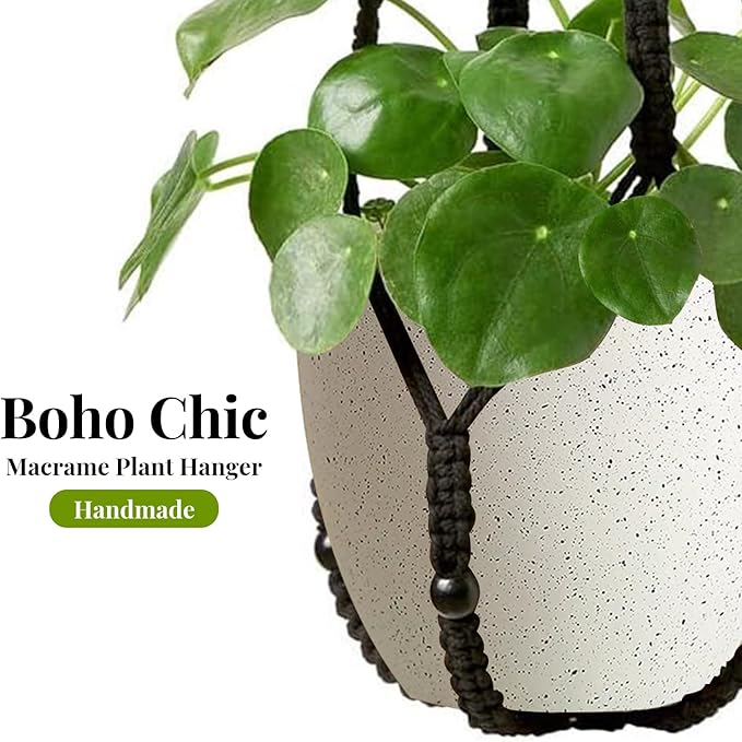 Macrame Plant Hanger Indoor Set of 4 with 8 Hooks, Indoor Outdoor Hanging Planter for Plants Holder with Decorative Wood Beads & No Tassels, Boho Home Decor, 35 Inch Black (Pots Not Included)
