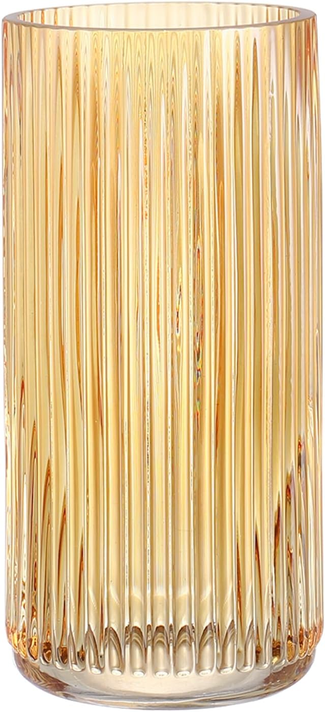 Ribbed Glass Vase, Amber Glass Vase, Flower Vase for Bouquet, Glass Vase for Flowers, Modern Vase, Ribbed Vase for Living Room, Bathroom, Dining Table, Office, Wedding, Centerpieces, 8 Inches