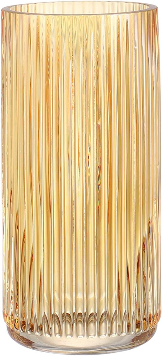 Ribbed Glass Vase, Amber Glass Vase, Flower Vase for Bouquet, Glass Vase for Flowers, Modern Vase, Ribbed Vase for Living Room, Bathroom, Dining Table, Office, Wedding, Centerpieces, 8 Inches