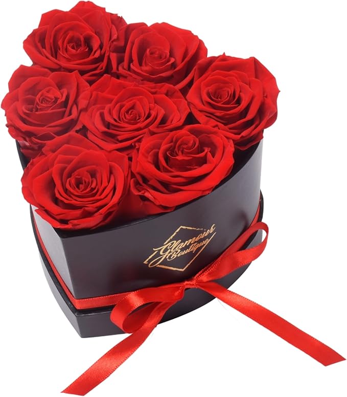 GLAMOUR BOUTIQUE 7 Flower Forever Heart Shape Box - Preserved Roses Gift for Her, Preserved Flowers, Red