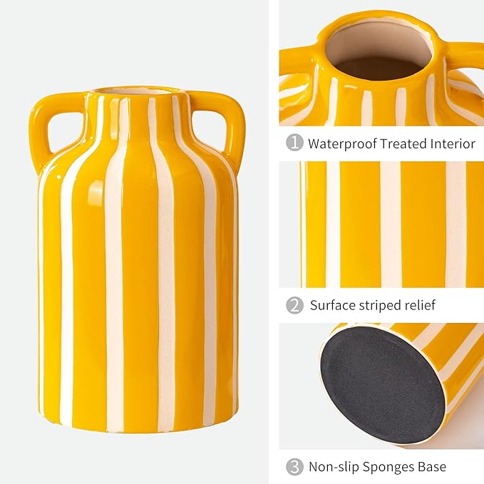 Yellow and White Ceramic Vase with Handles, Stripes Floral Vase for Home Decor, Flowers Kitchen Bookshelf Mantle, Living Room Coastal Decor, Rustic Table Centerpiece, Cottage Core Decor 9.1 in