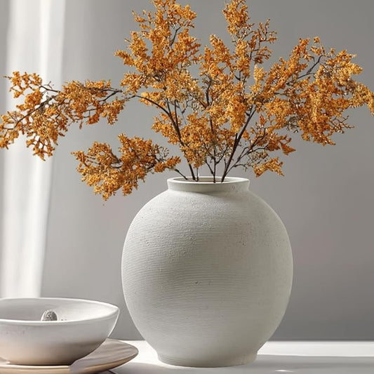 Large White Ceramic Vase, 10.8 inch Round Minimalist Textured Vase, Rustic Farmhouse Decor for Home, Living Room, Shelf, Table, Wedding & Entryway Decoration (Sandstone White)
