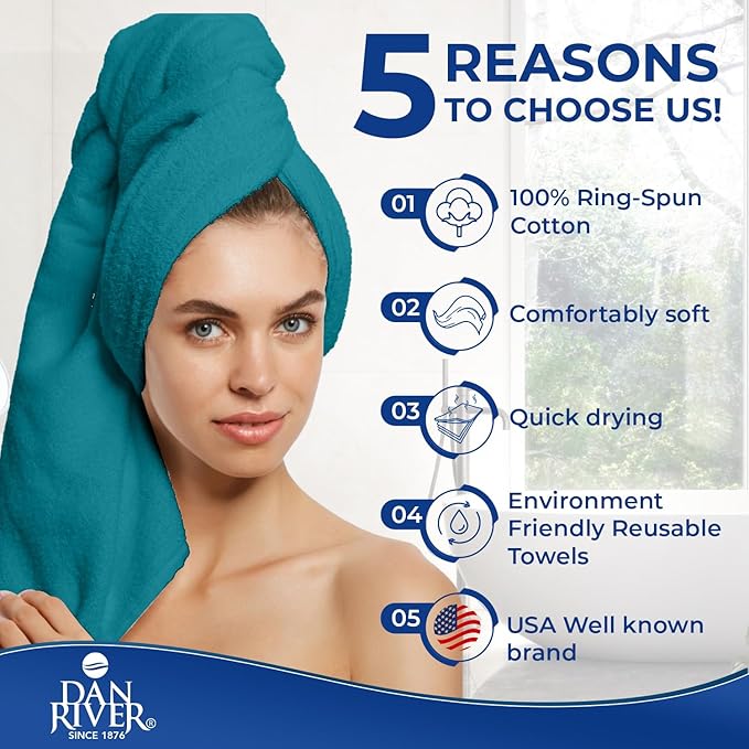 DAN RIVER 8 PC Luxury Bath Towels for Bathroom, 2 Bath, 2 Hand, and 4 Wash Cloths, 600 GSM 100% Ring Spun Cotton Towel Set, Highly Absorbent, Gym, Hotel, and Spa, Teal
