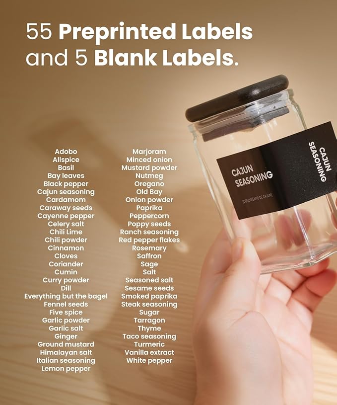 APT 1101 Glass Square Spice Jars with Labels, 4oz Glass Jars with Bamboo Lids, Spice Bottles, Seasoning Organizer, 12 Pack (Black)