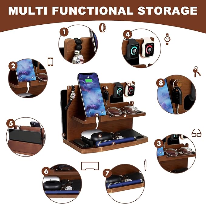 Gifts for Men Desk or Nightstand Organizer - Wood Phone Docking Station - Birthday Gifts for Husband, Fathers Day for Dad - Anniversary Idea from Wife - Key Holder, Stand Wallet, Watch & Essentials