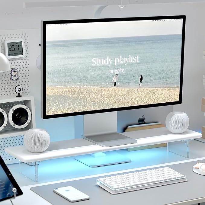 Bamboo Monitor Stand Riser with RGB Lights,31.5 Inches Desktop Shelf with Acrylic Legs Supports for Desk, PC Computer Monitor, Laptops, Printer, Speakers (White)