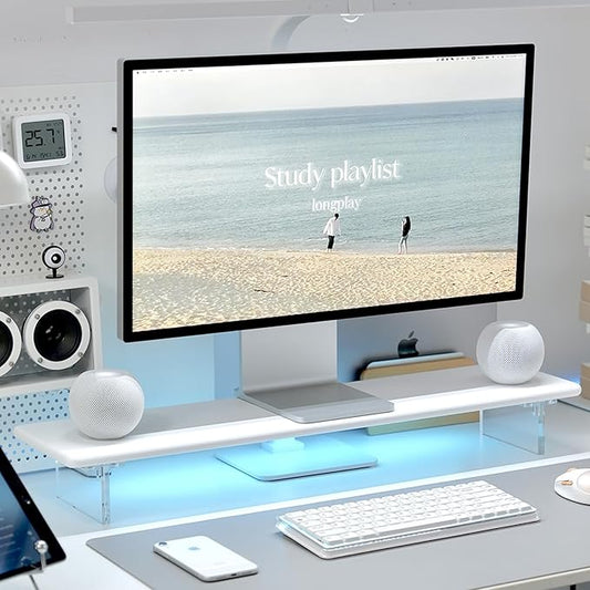 Bamboo Monitor Stand Riser with RGB Lights,31.5 Inches Desktop Shelf with Acrylic Legs Supports for Desk, PC Computer Monitor, Laptops, Printer, Speakers (White)