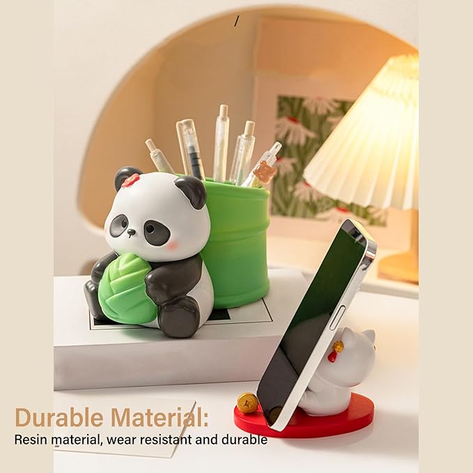 Panda Pen Holder, Cute Bamboo Design Resin Desk Organizer with Multifunctional Storage, for Office School Home Decor
