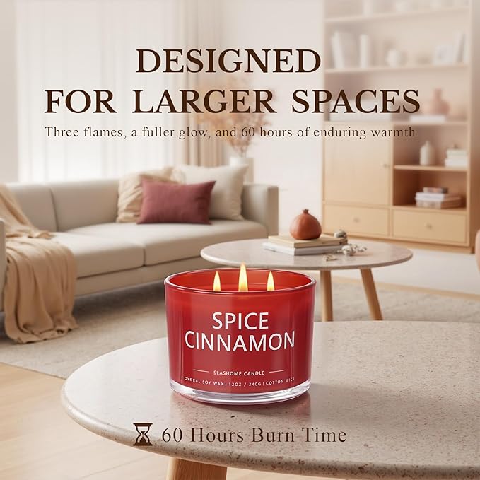 Cinnamon Spice Fall Candle, Large 3 Wick 12oz Luxury Candle, Elegant Autumn Gift for Women & Men, 60+ Hour Burn Time & Non-Toxic, Cozy Fall & Halloween Home Decor