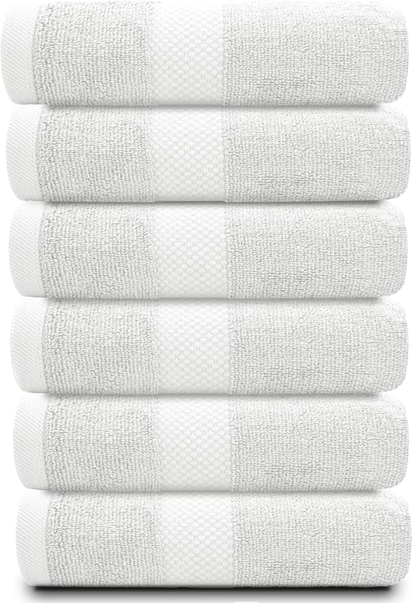 White Classic Luxury Silver Hand Towels - Soft 100% Turkish Cotton | Highly Absorbent Hotel spa Bathroom Towel Collection | 16x30 Inch | Set of 6