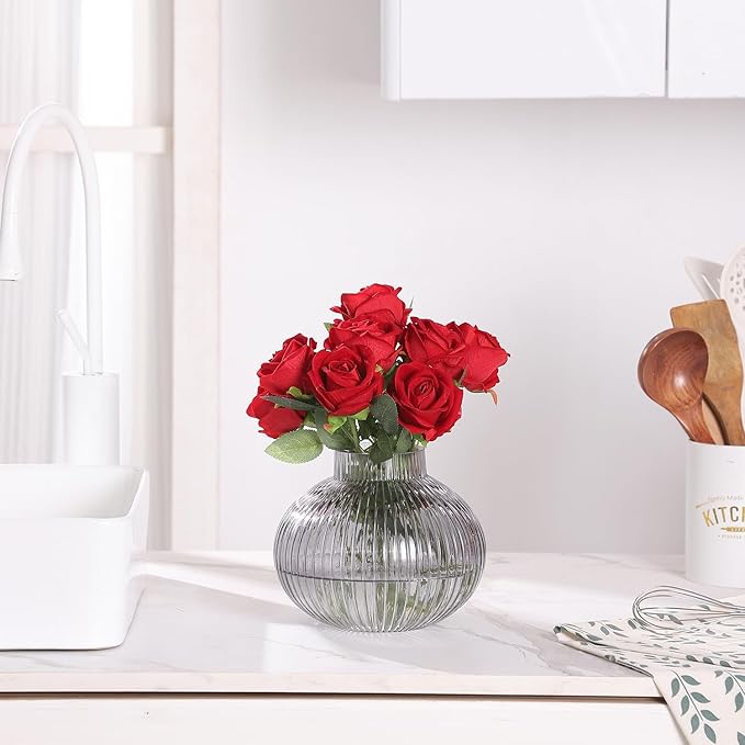 Black Glass Vase for Tulips, Ribbed Glass Vase for Flowers, Round Flower Vases, Small Short Vases for Living Room, Office, Coffee Table, Shelf, Wedding, 6 Inches