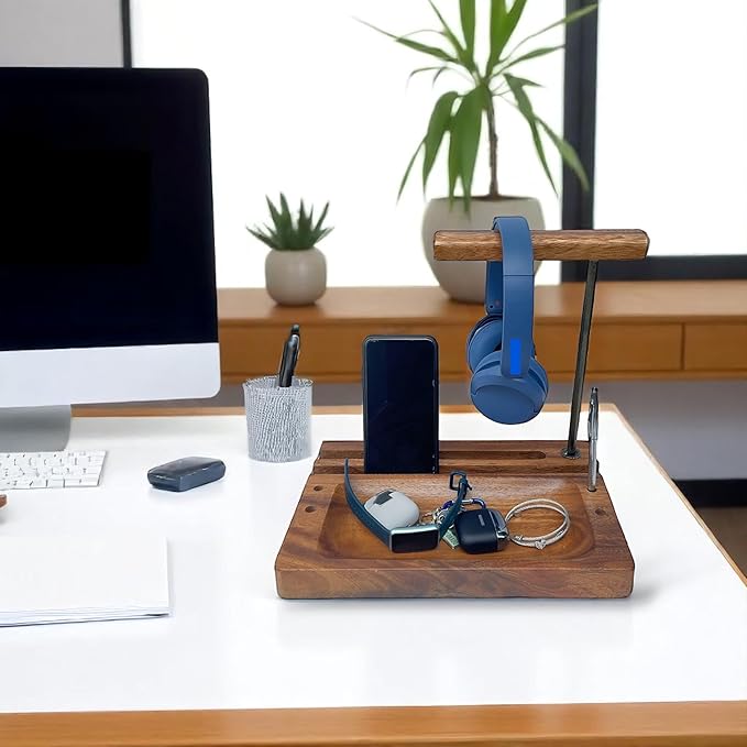 Solid Acacia Wood Multiple Headphone Stand – Multi-Device Holder for iPad, iPhone, Tablets & Phones, Desk Organizer with Tray, Pen & Pencil Holder, 1.5" Thick Base, Wooden Tech Dock