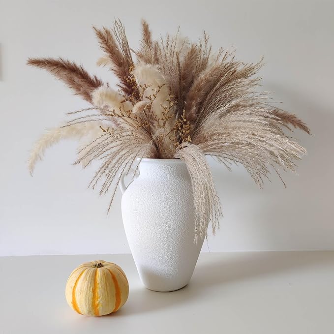 White Ceramic Pottery Barn Vase with Handles - 10" Large Decorative Terracotta Vase for Pampas Grass, Rustic Farmhouse Boho Vases for Home Decor, Living Room, Mantel, Table, Shelf