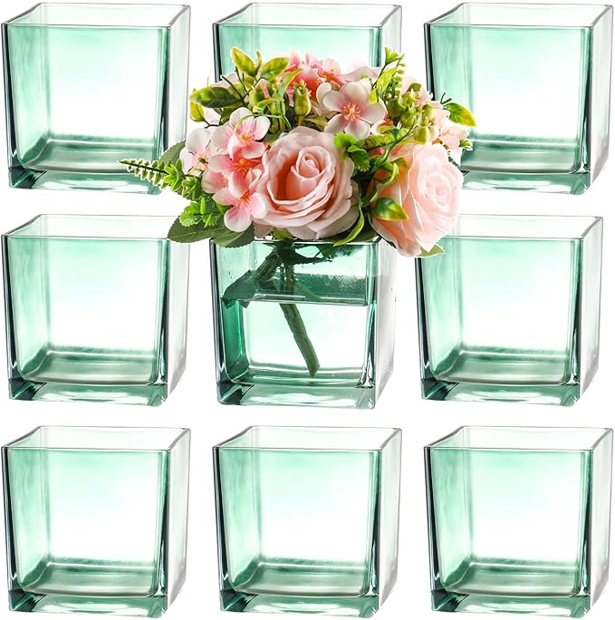 Square Glass Vases Set of 9, 5" x 5" x 5" Green Flower Vases for Centerpieces, Square Vase for Flowers, Small Vase for Wedding, Party, Home Office Decoration