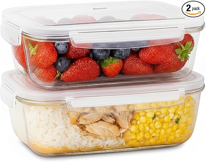Levietti Glass Food Storage Containers Set of 2 (1040ml/35oz) – Airtight BPA-Free Plastic Lids, Leakproof Borosilicate Meal Prep Containers for Kitchen Organization, Microwave/Oven Safe