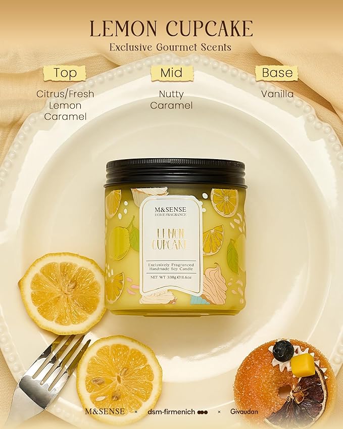 M&SENSE Lemon Vanilla Cupcake Scented Candle, 11.6oz Natural Soy Wax, 70 Hours Long Lasting Clean Burn, Citrus Vanilla Scents for Kitchen Freshness, Holiday Gifts for Women Men, Warm Home Decor