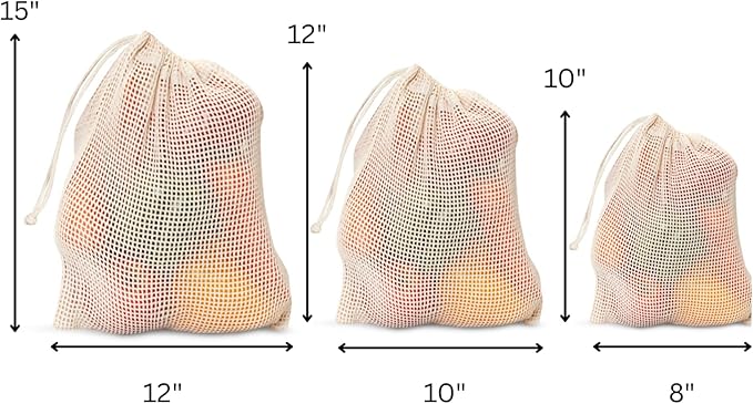 Premium Organic Reusable Mesh Produce Bags, Pack of 6(2L+2M+2S) Washable Mesh bags for Vegetables, Durable, Double Stitched Produce Bags, Machine Washable - Beige