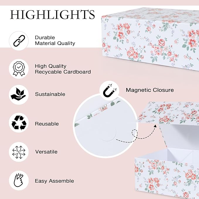 Floral Gift Box with Magnetic Lids 13.8x8.3x4.4 in, Large Bridesmaid Proposal Boxes, Rectangle Wedding Decorative Storage Box 1 Pack