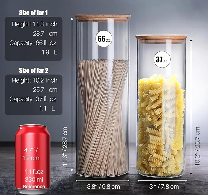 66 oz Glass Food Storage Jars with Airtight Lids, Tall Clear Glass Jar with Bamboo Lid, Airtight Food Canister for Pasta, Candy, Coffee, Sugar, Cookie, Snack. (Round | 10+11 Inch) x2