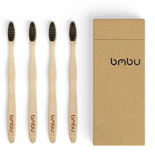 bmbu Bamboo Toothbrush 4 Pack - Medium/Soft Charcoal Bristles Tooth Brushes Wooden Handle - BPA Free, Eco Friendly, Vegan Product Gift Idea, Sustainably Grown in Recycled Biodegradable Packaging