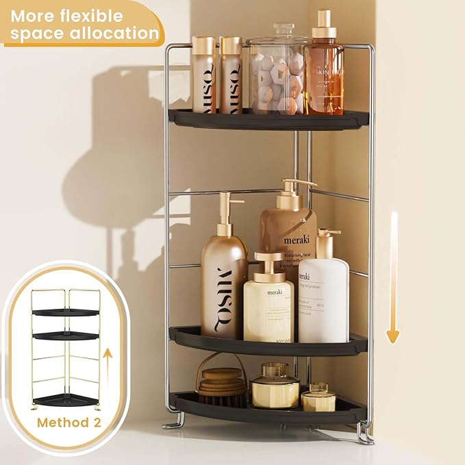 3-Tier Corner Bathroom Organizer Countertop for Storage，Counter Tray and Vanity Organizer，Plastic Counter Organizer for Kithchen, Bathroom, Dresser 10.6 inches (Chrome + Black)