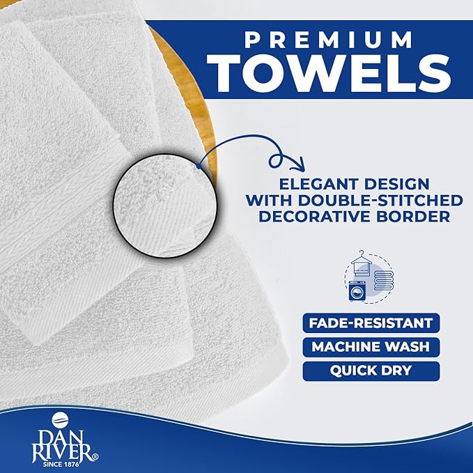 DAN RIVER 8 PC Luxury Bath Towels for Bathroom, 2 Bath, 2 Hand, and 4 Wash Cloths, 600 GSM 100% Ring Spun Cotton Towel Set, Highly Absorbent, Gym, Hotel, and Spa, White