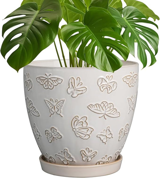 Ceramic Planter 8 Inch - White Plant Pot with Drainage Hole and Saucer Modern Flower Pot for Indoor Outdoor Plants
