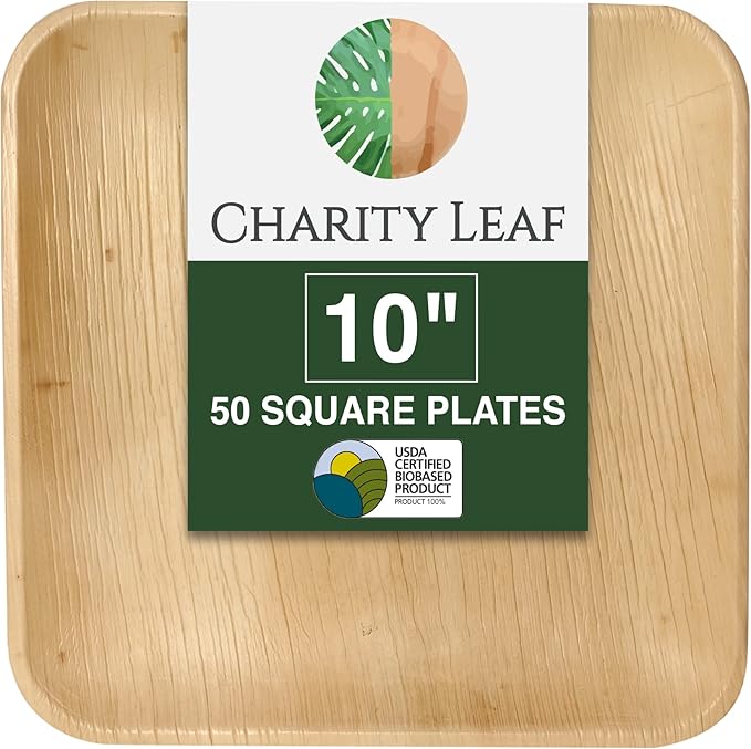 Charity Leaf Compostable 10" Square Palm Leaf Dinner Plates (50-pack) | Premium, 100% Natural, Disposable, Heavy Duty | Perfect for Parties, Weddings & Catering Events