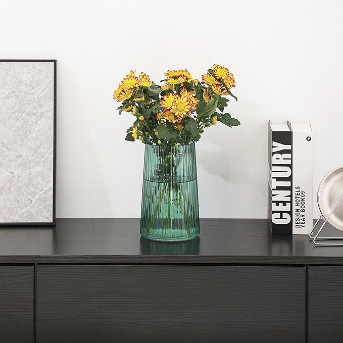 Green Glass Vase for Flower, Flower Vase for Bouquet, Modern Glass Vases, Ribbed Vases for Living Room, Bedroom, Dining Table, Office, Wedding, Centerpieces, 8 Inches